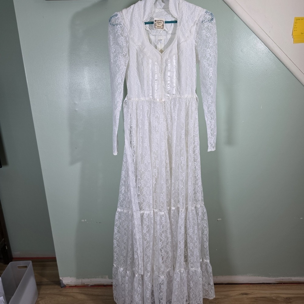 Gunne Sax 1970s Vintage Bridal Lace Dress Romantic Renaissance Prairie, Size XXS